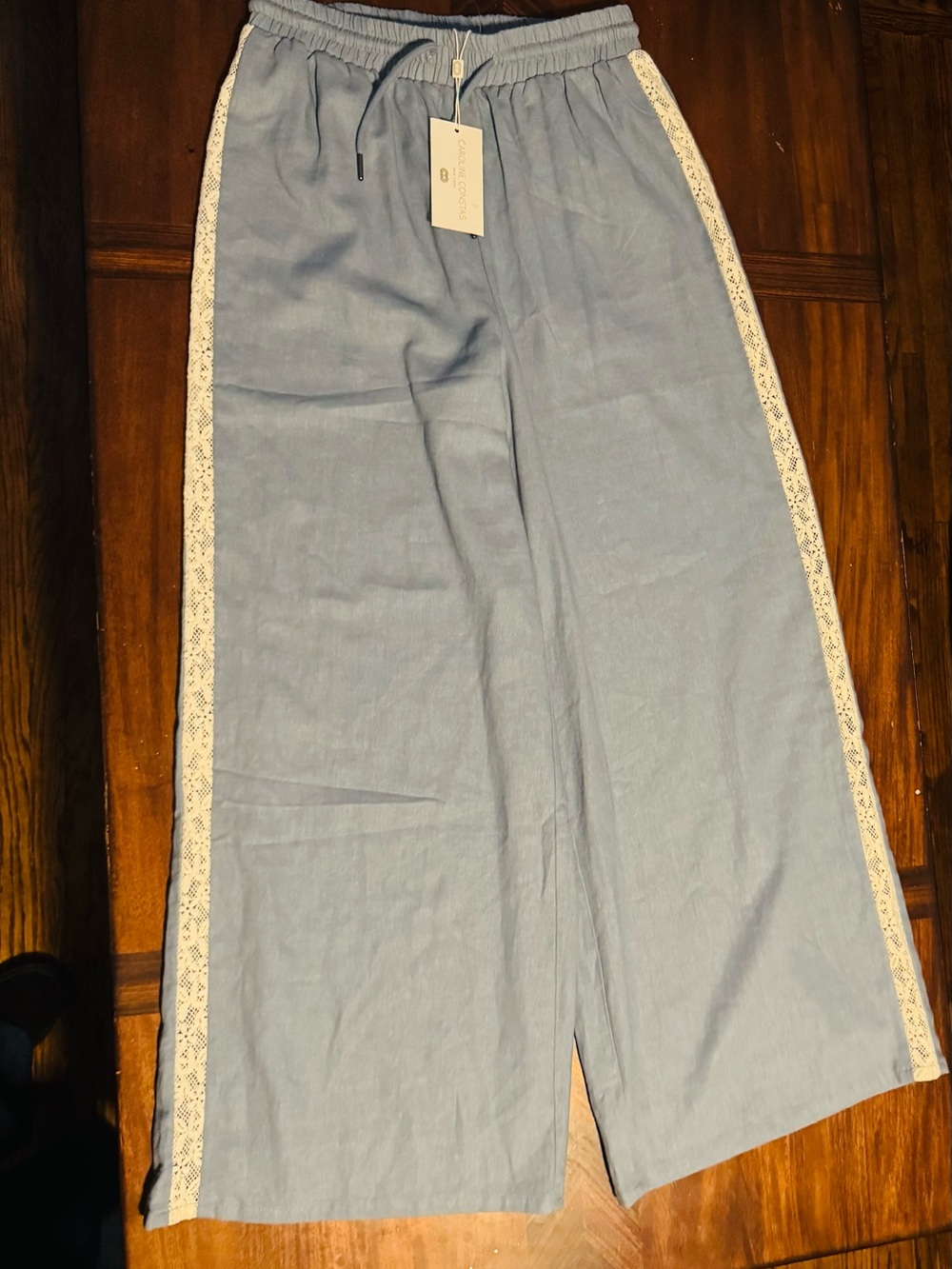 Caroline Constas Blue Wide-Leg Pants with White Lace Trim
